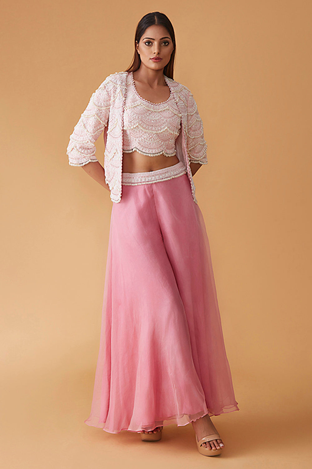 Blooming Patterned Jacket With Blouse In Resham & Pearl Work & Flared Organza Pants